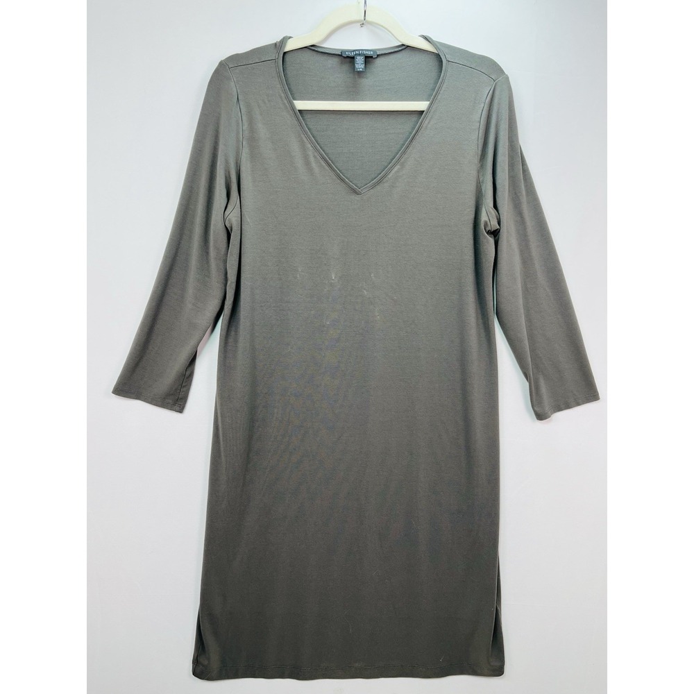 Eileen Fisher Women's V-neck 3/4 Sleeve Olive Viscose Spandex Dress Size L